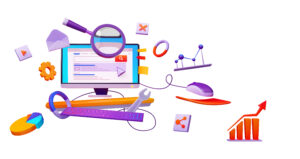 This image showing a computer with Graph, Keyboard, Tools, Share icon, Search Bar and Settings icon, E-mail, Ads, Tags, pie chart etc… What is google ads google campaign, objectives of google ads how to use google ads