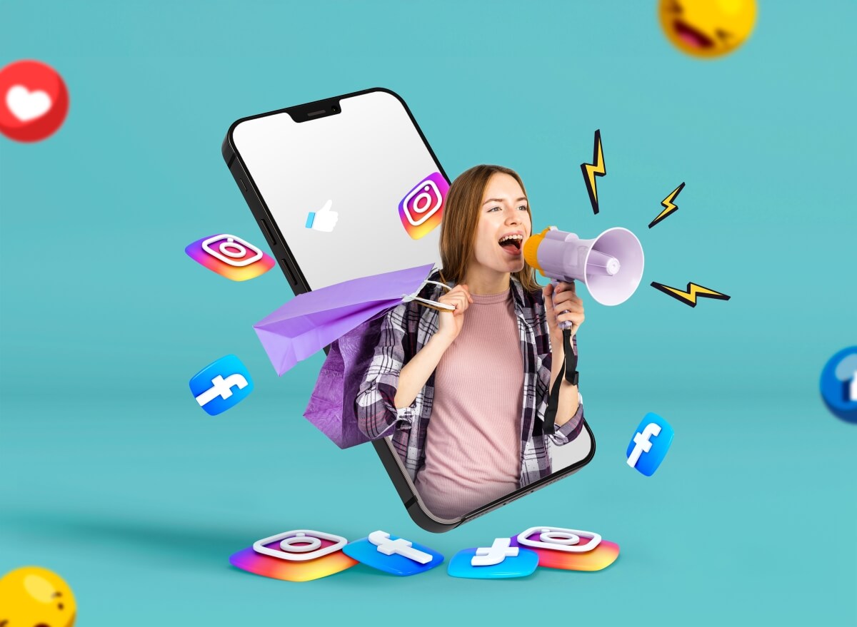 In this image a girl is popping out from mobile phone and holding microphone with some social media icons in background. organic social media marketing social media content marketing content creation for social media marketing strategy for new business social media management consultant