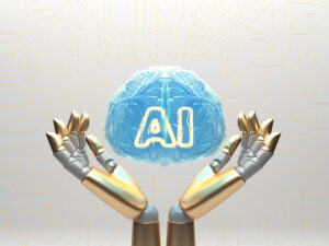 the image showing the robotic hands holding the word AI