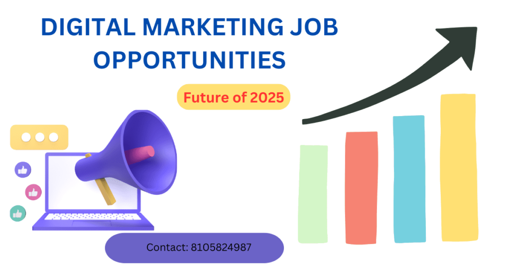 In this Image it showing graph that going upword and there is a broadcast mic is says you have carrer opportunities digital marketing. Career opportunities in digital marketing, Digital marketing manager jobs, Digital marketing courses with job guarantee, Digital marketing specialist jobs, Digital marketing analyst jobs, Digital marketing job roles