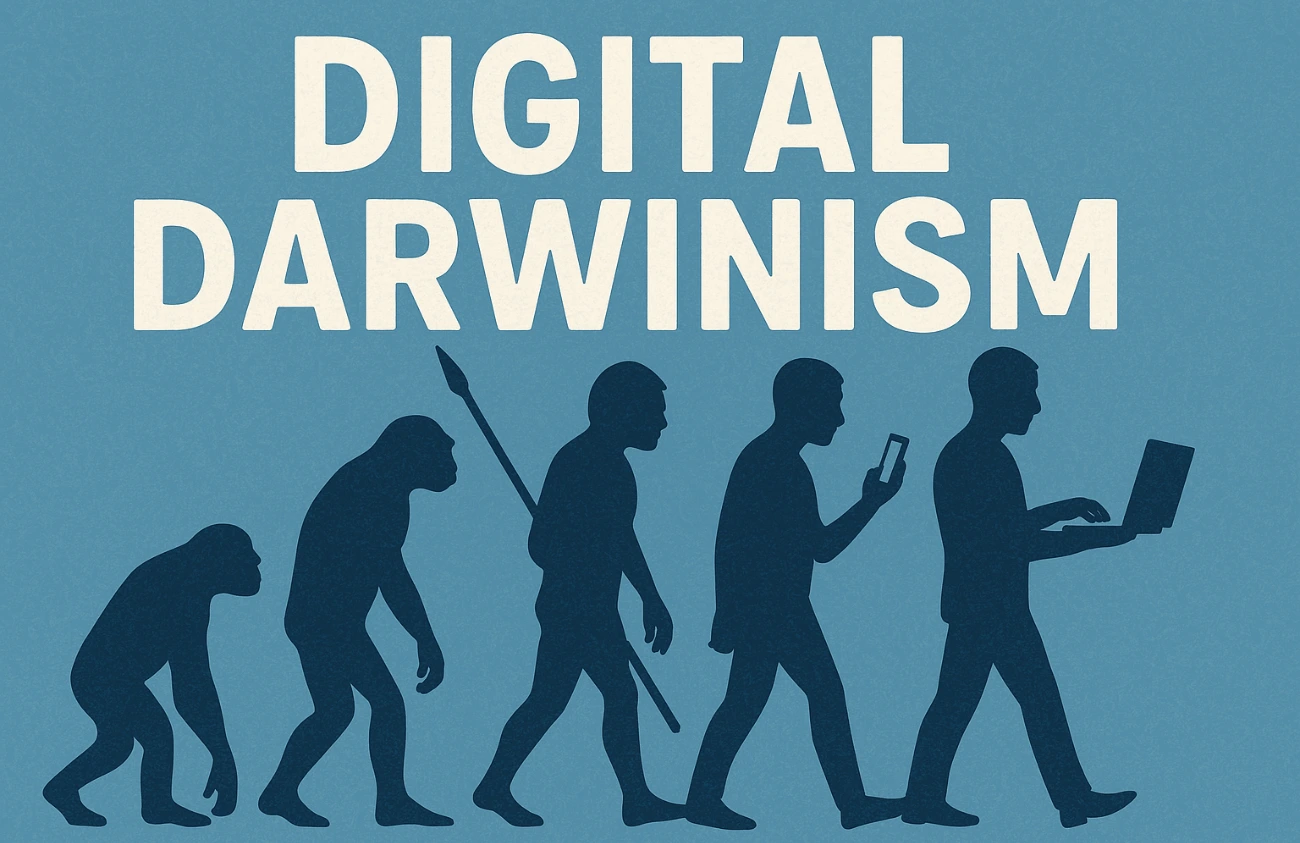 These dynamic visual captures the essence of Digital Darwinism—where innovation meets urgency. A futuristic cityscape fades into a cloud of digital code, symbolizing the accelerating pace of technological change. In the foreground, a fragmented silhouette of a business professional is seen evolving, pieced together by data streams, neural networks, and circuit-like pathways. The contrast between legacy structures and modern tech elements highlights the transformational journey businesses must embrace. It’s a powerful representation of survival through adaptability, where agility, emerging technologies, and reimagined organisational structure are the keys to thriving in a disrupted market. Digital Transformation, Digital Darwinism, New technologies, Technology company, Modern Technology.