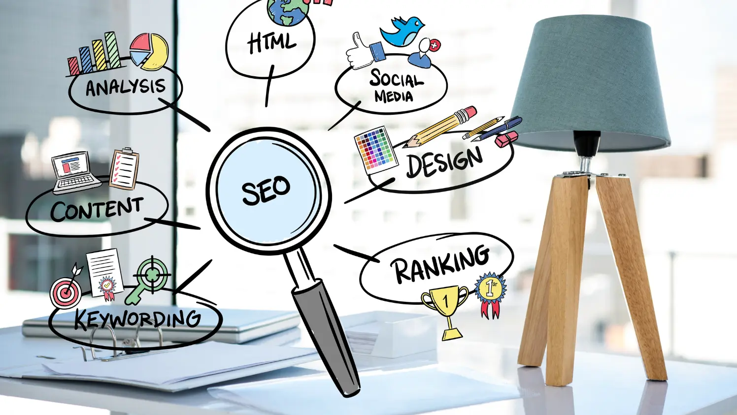 Creative illustration displaying key components of SEO strategy—such as content creation, keyword optimization, social media integration, HTML structure, website design, ranking, and performance analysis—overlaid on a modern office desk setup, symbolizing the professional and technical aspects of digital marketing. SEO blog posts, SEO and blogging, SEO content writing, SEO techniques, Search engine optimization techniques