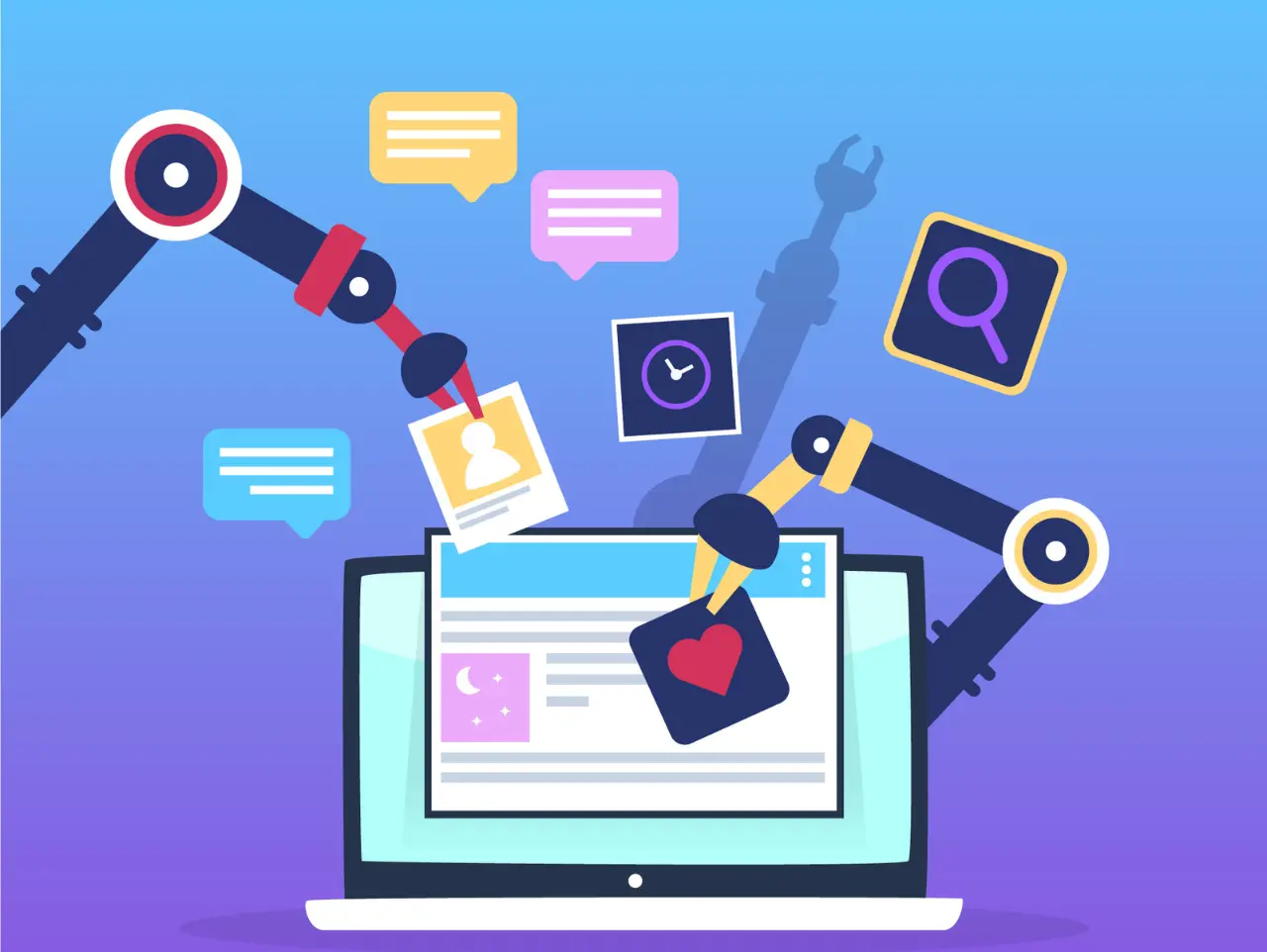 Illustration of marketing automation concept showing robotic arms managing digital content over a laptop screen, with icons for chat bubbles, a heart, a clock, a magnifying glass, and a user profile.