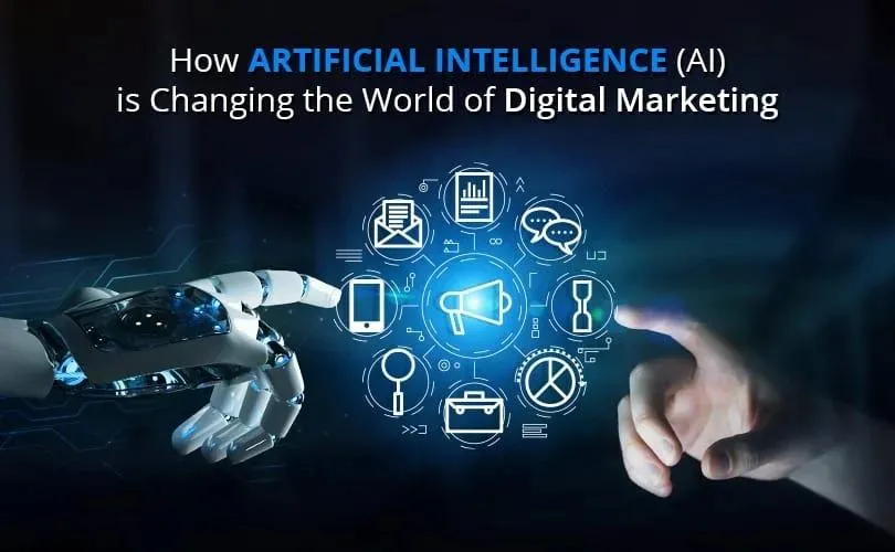 A robotic and human hand interacting with digital marketing icons, symbolizing how Artificial Intelligence is transforming digital marketing strategies. Artificial Intelligence(AI), Digital Marketing, Predictive Analytics, Customer Personalization, AI Marketing Platforms