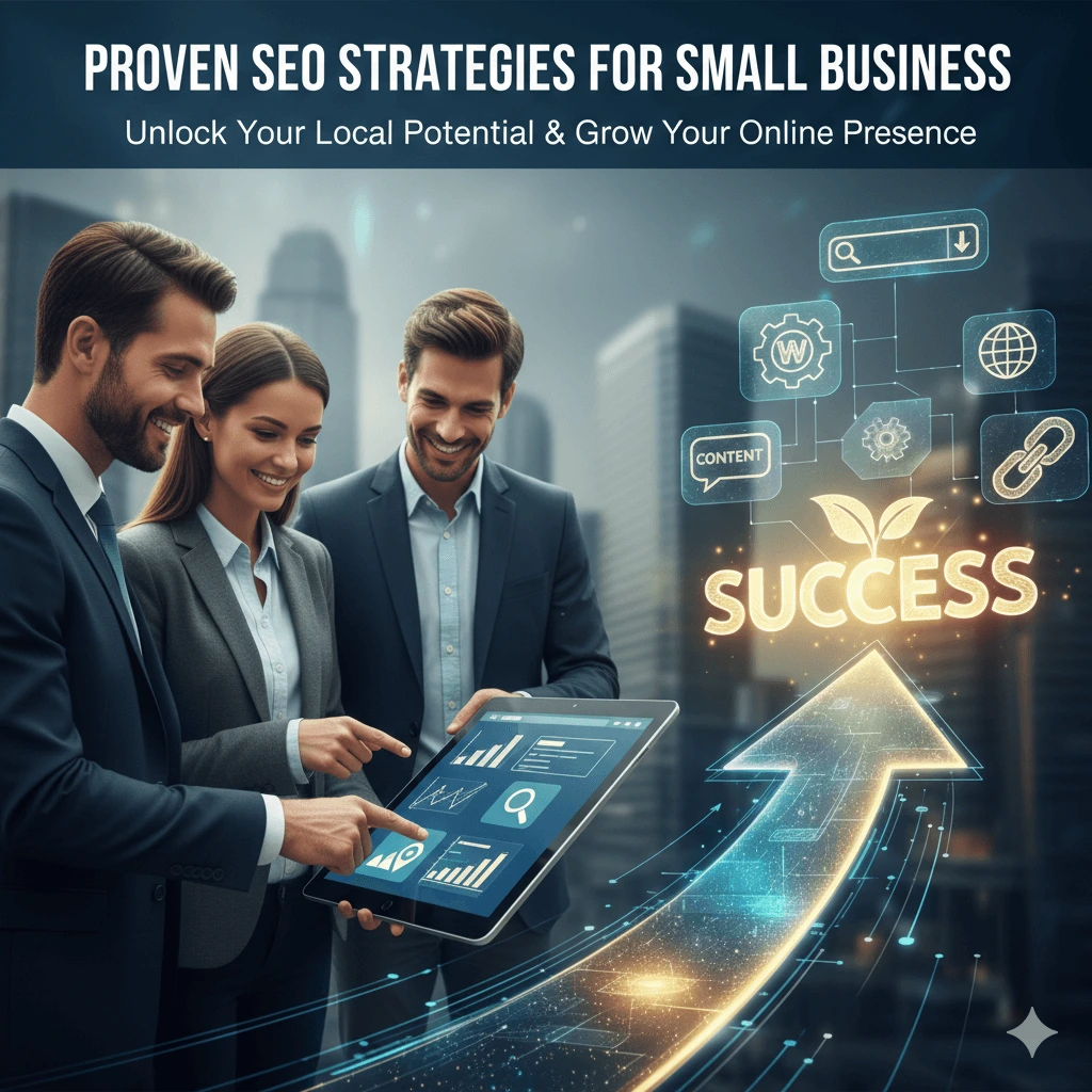 Three professionals analyze digital growth data on a tablet, symbolizing the proven SEO Strategies that drive small business and online growth. local Seo services for small business, local Seo services, Seo for small businesses, local Seo for small businesses, Seo strategy for small business