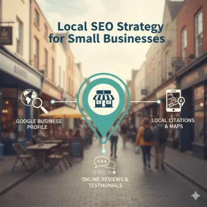 a visual diagram illustrating a Local SEO Strategy for small businesses ,featuring key elements like Google Business Profile, Local Citations, and Maps, and Online Reviews and Testimonials. local Seo services for small business, local Seo services, Seo for small businesses, local Seo for small businesses, Seo strategy for small business