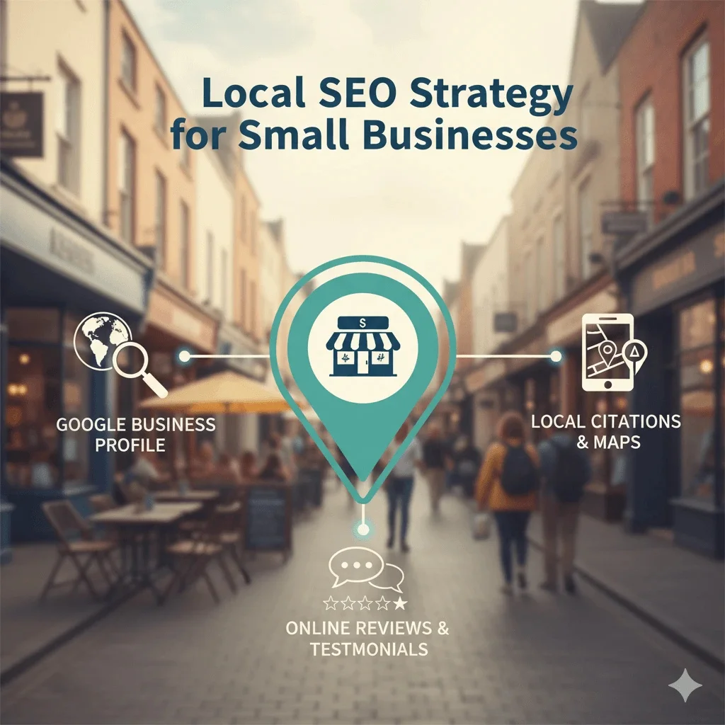 a visual diagram illustrating a Local SEO Strategy for small businesses ,featuring key elements like Google Business Profile, Local Citations, and Maps, and Online Reviews and Testimonials. local Seo services for small business, local Seo services, Seo for small businesses, local Seo for small businesses, Seo strategy for small business
