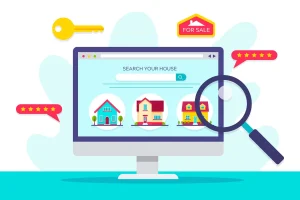 The image illustrates a digital property search platform where buyers explore homes online using search tools, ratings, and visual listings. It represents how Digital Marketing Increases Property Sales Faster Than Traditional Marketing by enabling easy discovery, better visibility, and quicker buyer engagement through online channels. Digital property marketing, Online real estate search, Property lead generation, Real estate digital platforms, Faster property sales online