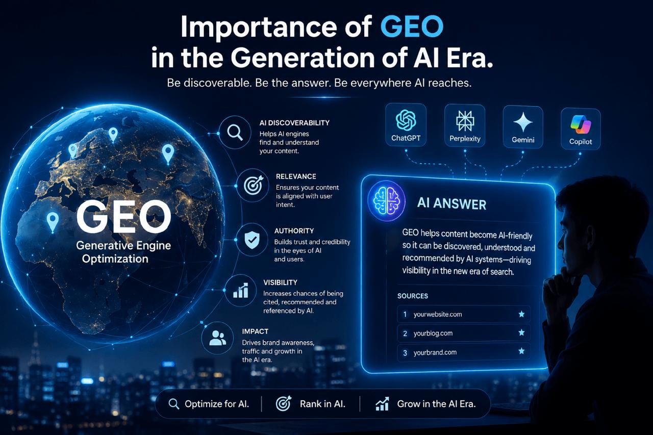 Importance of GEO in the age of Generative AI.Generative Engine Optimization (GEO), Search Engine Optimization (SEO), AI search,optimization AI-generated answers AI-powered search, Generative AI, AI answer engine