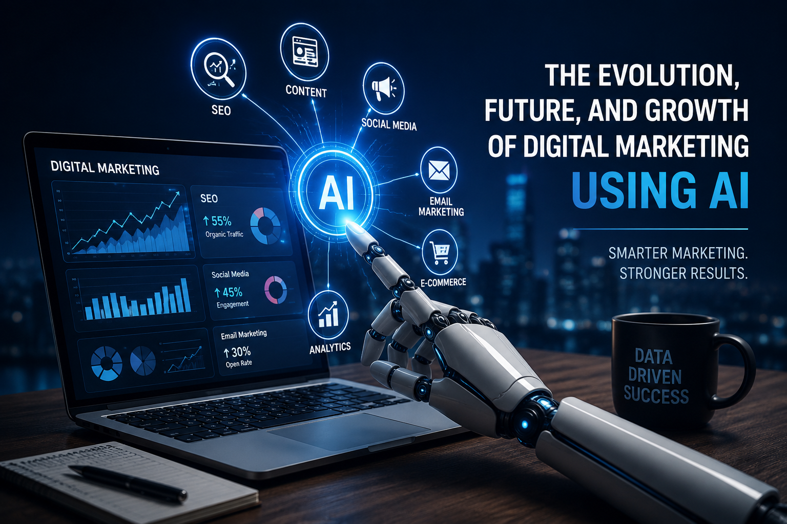 Alt text AI-powered digital marketing illustration showing analytics, SEO, content marketing, social media, email marketing, and business growth through artificial intelligence. Artificial intelligence in marketing AI-powered content creation Data driven digital marketing Future of AI in digital marketing Evolution of AI in digital marketing Next-Generation marketing solutions Future trends in AI marketing