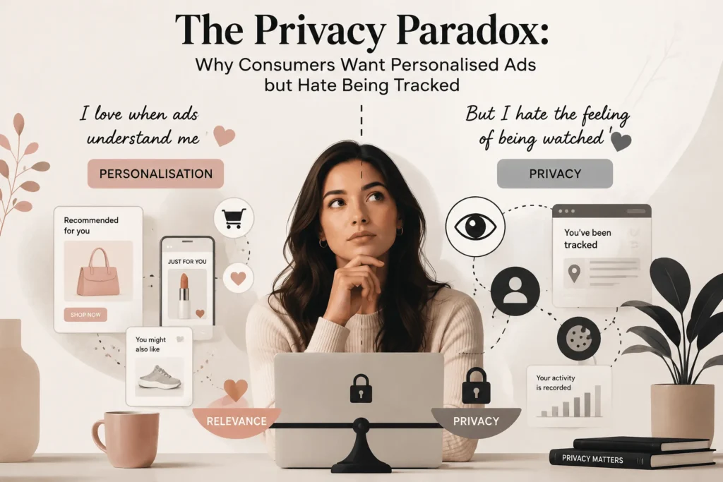 In this image , the girl is sitting with laptop thinking how advertisements understand her consumer needs , but at the same time she doesnt like the fact that she is being watched , so this concept has been given a tilte which is mentioned the above title and subtitle. Digital privacy , digital marketing, personalised advertising, consumer data, online tracking.