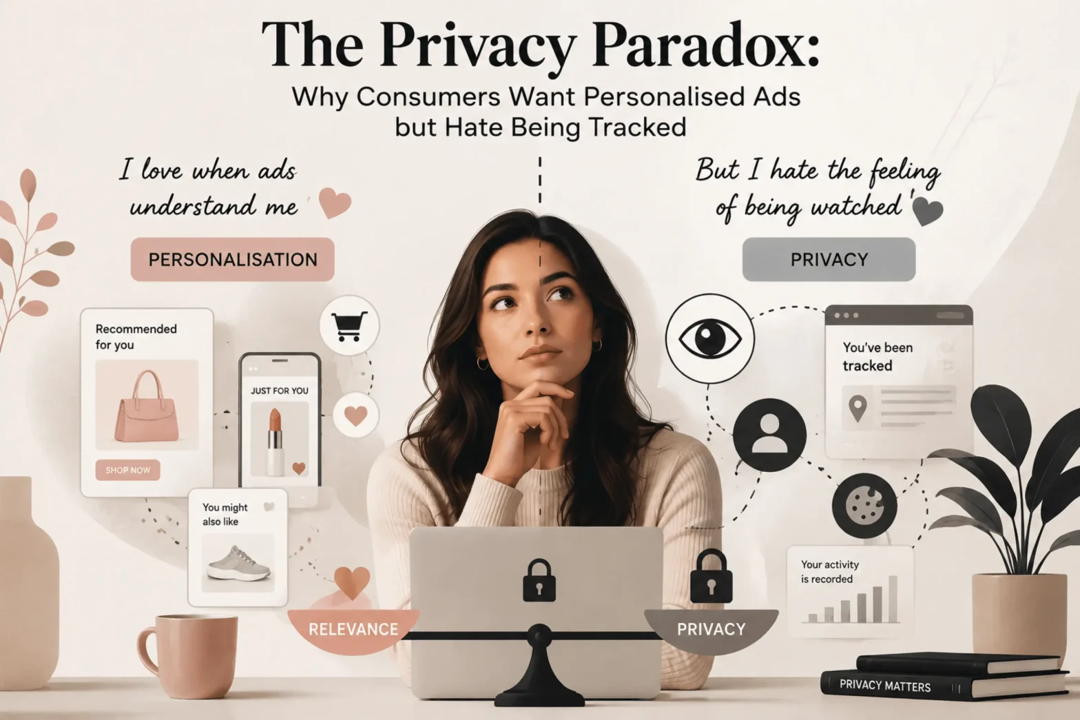 In this image , the girl is sitting with laptop thinking how advertisements understand her consumer needs , but at the same time she doesnt like the fact that she is being watched , so this concept has been given a tilte which is mentioned the above title and subtitle. Digital privacy , digital marketing, personalised advertising, consumer data, online tracking.