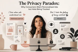 In this image , the girl is sitting with laptop thinking how advertisements understand her consumer needs , but at the same time she doesnt like the fact that she is being watched , so this concept has been given a tilte which is mentioned the above title and subtitle. Digital privacy , digital marketing, personalised advertising, consumer data, online tracking.