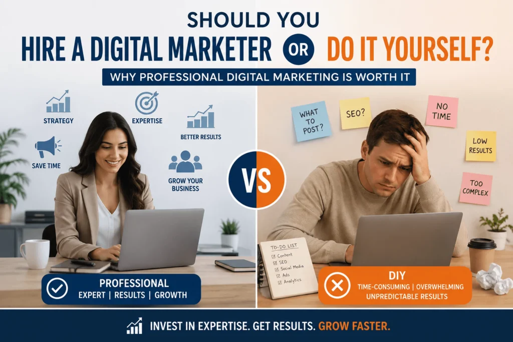 The image compares hiring a professional digital marketer with doing digital marketing yourself, highlighting the benefits of expertise, strategy, time savings, and better results. It visually contrasts professional marketing with the stress, complexity, time demands, and unpredictable results of DIY marketing.