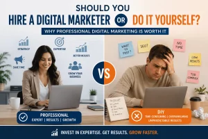 The image compares hiring a professional digital marketer with doing digital marketing yourself, highlighting the benefits of expertise, strategy, time savings, and better results. It visually contrasts professional marketing with the stress, complexity, time demands, and unpredictable results of DIY marketing.